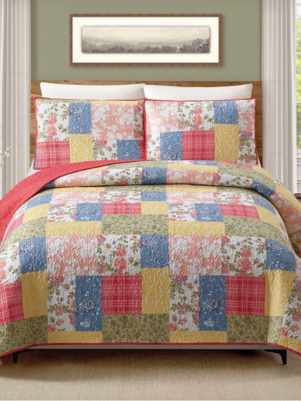 Farmhouse Floral Patchwork Printed Queen Size Quilt Set Cottagecore Shabby Chic
